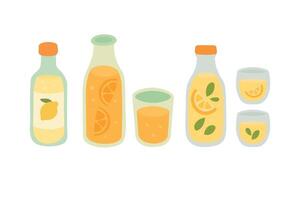 Fresh lemonade bottles and glasses with citrus slices. Summer picnic drinks in flat cartoon style. vector