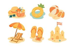 Cartoon summer collection with beach objects like umbrella, float, hat, slippers, sand and ball. vector