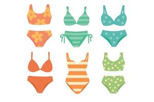 Flat cartoon set of colorful swimsuits and bikinis for summer vacation and beach design. vector