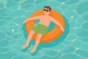 illustration of a man relaxing in a pool on inflatable ring with sunglasses and smile. vector