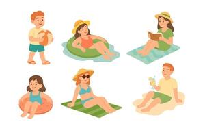 Cute cartoon set of people relaxing on beach with drinks, float rings and towels. vector