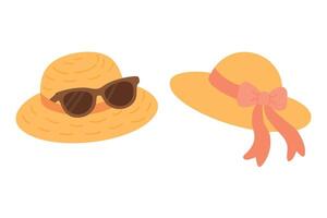 Cute cartoon set of summer hats with ribbon and sunglasses in flat colorful style. vector