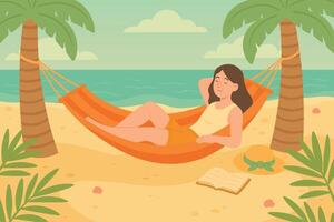 Flat illustration of a girl resting in hammock on tropical beach with sea and palm trees. vector