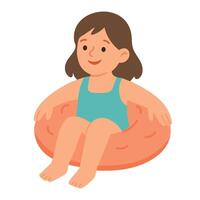 Smiling girl sitting on inflatable ring in swimsuit, ready to have fun in water. vector