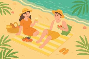 illustration of couple enjoying picnic on beach with fruit, wine, and seaside view. vector