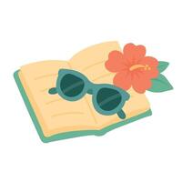 Cartoon open book with flower and sunglasses in warm soft flat style. vector