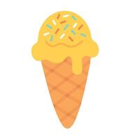 Yellow ice cream scoop with colorful sprinkles in waffle cone, perfect for summer designs. vector