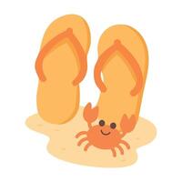 Cartoon beach scene with orange flip flops, smiling crab and sand in flat style. vector