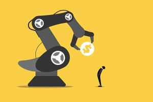 Smart robot arm giving golden coin money. concept of Automatic investment or savings, financial robot advisor or FinTech, technology artificial intelligence vector