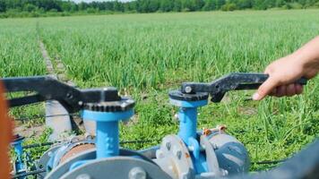 Hand operating large irrigation valve in green field under clear sky. video