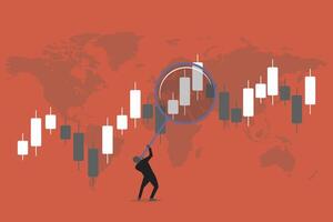Businessman with magnifying candlestick chart. concept of Technical analysis trader to analyze stock market or crypto currency data movement, trend analysis to take profit vector