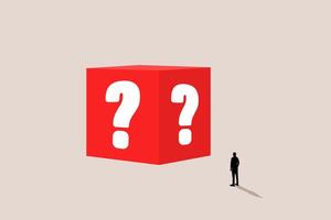 Businessman stands in front of a question mark cube, hoping to seize an opportunity. vector