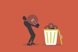 Businessman throw away lightbulb idea into full of junk idea in basket bin. concept of Wasted unworkable ideas, business failure or too many abandoned projects vector