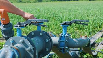 Agricultural water valve system with multiple pipe connections in open field. video