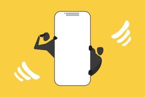 Two man stands behind a giant smartphone with a blank white screen. The image is perfect for showcasing ads, text, designs, or logos vector
