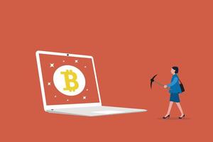 Female investor digging Bitcoin and watching cryptocurrency mining. concept of Bitcoin mining and blockchain technology, Process by which new Bitcoins are created in the system, vector