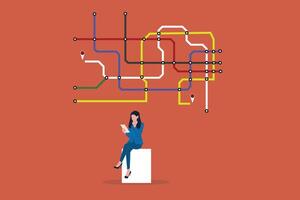 Business woman looking at map in subway station. concept of Establishing New Business Venture and Creating Corporate Presence vector