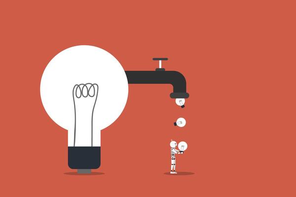 A robotic hand holding a glowing light bulb, concept of innovation