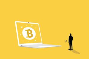 Male investor digging Bitcoin and watching cryptocurrency mining. concept of Bitcoin mining and blockchain technology, Process by which new Bitcoins are created in the system, New financial innovation vector