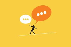 Businessman balance on line with speech bubble. concept of success, teamwork meeting or debate to get solution, opinion message vector
