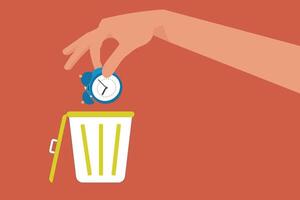 Hand throw away time or clock into junk basket bin. concept of organization, productivity, management vector