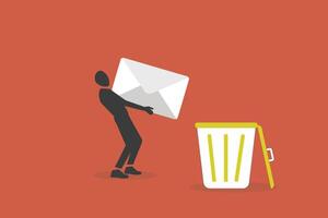 Businessman throw away email and data into full of junk idea in basket bin. concept of Cleaning digital memory, cleaning e-mail, remove spam vector