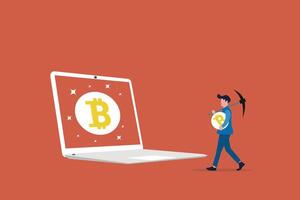 male investor digging Bitcoin. concept of Bitcoin mining and blockchain technology, Process by which new Bitcoins are created in the system, vector