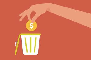 Hand Throw away Coin into trash can. concept of collapse of a dollar or other currency. Metal trash can with discarded money vector