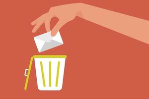 Hand throw away email and data into full of junk idea in basket bin. concept of Cleaning digital memory, cleaning e-mail, remove spam vector