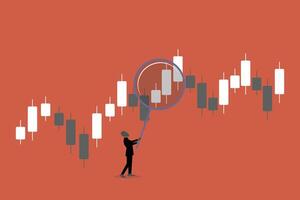 Businessman with magnifying candlestick chart. concept of Technical analysis trader to analyze stock market or crypto currency data movement, trend analysis to take profit, buy and sell vector