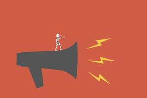 Robot standing on megaphone. concept of business communication, artificial intelligence robot technology in digital marketing vector