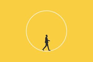 Businessman endlessly walking in a circle in search for solution. concept of never ending issue, no solution, vector