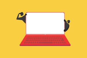 Two man stands behind a giant laptop with a blank white screen. The image is perfect for showcasing ads, text, designs, or logos vector