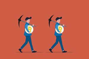 male investor digging Bitcoin. concept of Bitcoin mining and blockchain technology, Process by which new Bitcoins are created in the system vector