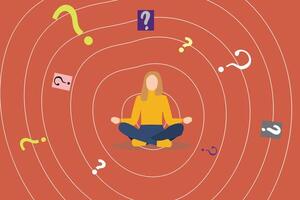 Business woman sitting cross legged and thinking, question marks filled with brain. concept of doubt choice, make decision and option vector