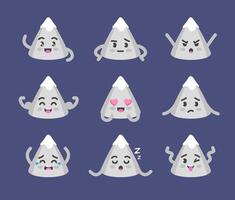Mountain character poses and emotions set, mascot of travel, sports and extreme in cartoon kawaii style vector