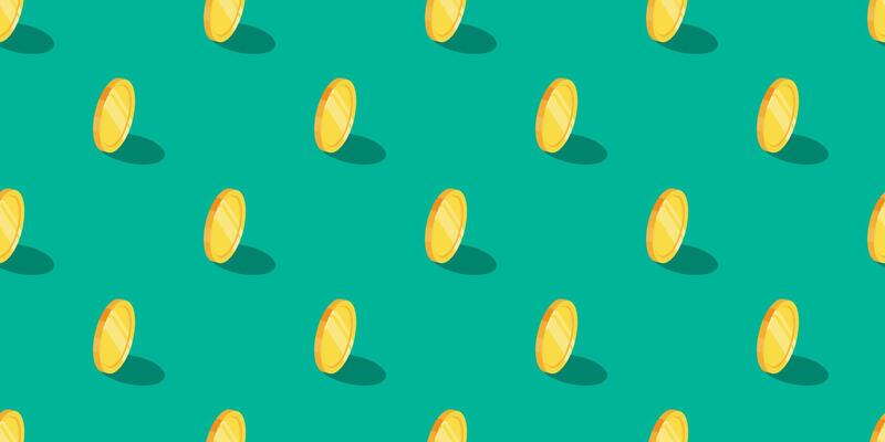 Golden coins seamless pattern on green background. Graphic design.