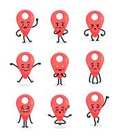 Red dot geolocation character poses and emotions set, mascot of travel, transport, navigation, logistics and delivery in cartoon kawaii style vector