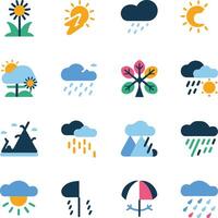 Minimalist weather icon set in silhouette style, includes sun, clouds, rain, snow, wind, lightning, and temperature symbols vector