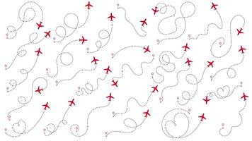Plane path set with dotted route lines. Travel and navigation idea showing aeroplane or airplane direction from map pins. Includes location markers, flight lines and journey concept vector