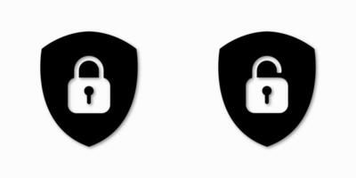 Locked and unlocked padlock icons combined with shield symbol. Illustration representing secure and open access, data protection, privacy settings and system control in digital environments vector