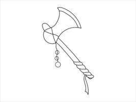 Black Continuous Line Drawing of Viking Axe with Decorative Elements isolated on White Background. Concept of Nordic Weapon, Minimalist Art, Historical Tool, Single Line Art for Design and Decoration vector