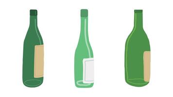 Set of Minimalist Glass Empty Green Wine Bottles. Beer Bottles isolated on white background. Concept of Packaging, Alcohol Beverage Icon, Minimalist Design, Elegant Drink, Graphic Element for Print vector