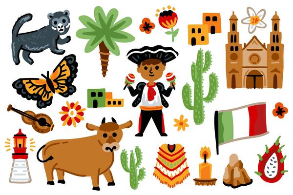 Set of Latin American elements. Symbols of Mexico. Nature, animals, characters, objects. For maps and children's designs. Travel landmarks illustrations.