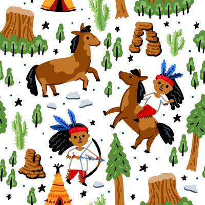 Bright children seamless pattern with American native indians and western cowboy from wild west rural Landscape. Childish background. Cheerful characters with animals and plants.