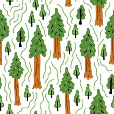 Bright forest funny cartoon seamless pattern. Nature cheerful children trees background. For children's textiles. Northern spring forest
