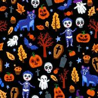Seamless pattern of Halloween symbols and characters, Children with funny and scary ghost, cat and bat, forest costumes background vector