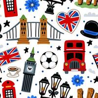 Bright children seamless pattern with symbols of Great Britain. Bus, bridge, clock vector