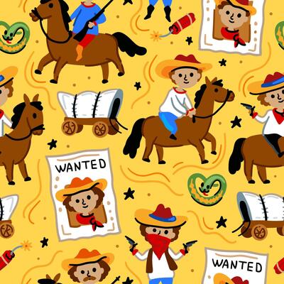 Cowboy native pattern. Bright children seamless with American western cowboy from wild west rural Landscape. Childish background. Wild West. Texas. Cheerful characters with animals and plants.