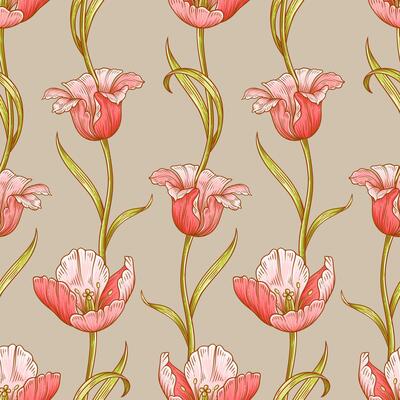 Floral seamless pattern with tulips. Beautiful delicate flowers with leaves. Spring or summer vintage wallpaper, template for fashion design. Botanical print on beige background